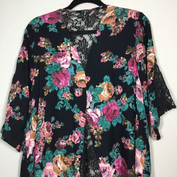 Black with flowers cover up lace floaty duster asymmetrical hem short sleeve XL - Picture 8 of 9